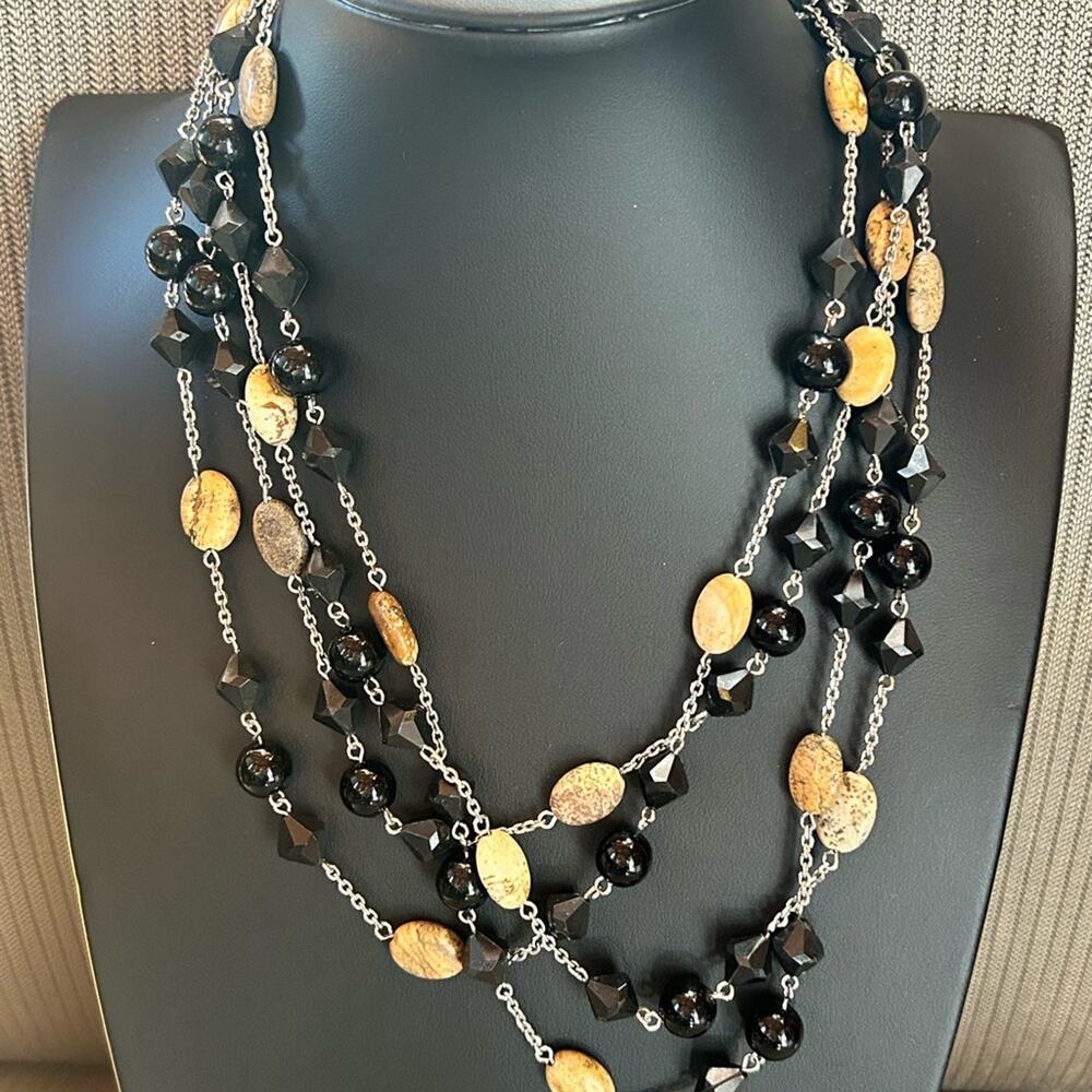 L0080 Lia Sophia long necklace silver tone black faux stone tan double strand